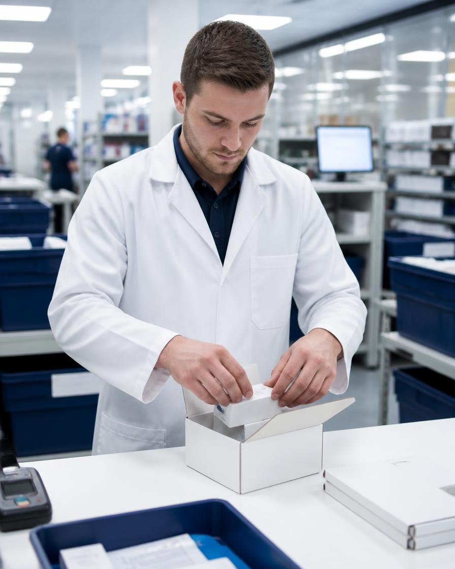 Pharmacist packing a discreet prescription shipment at a fulfillment facility