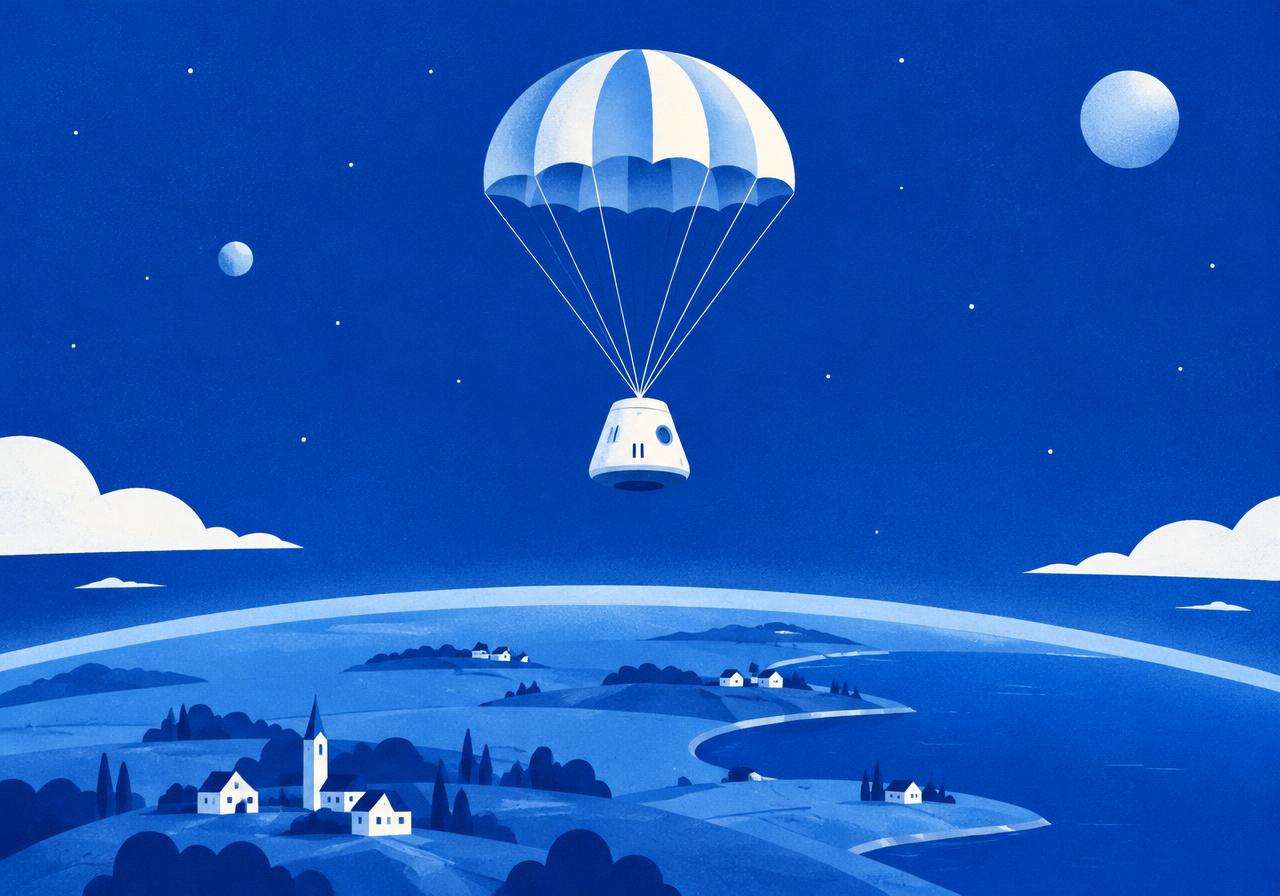Illustration of a capsule parachuting toward a town