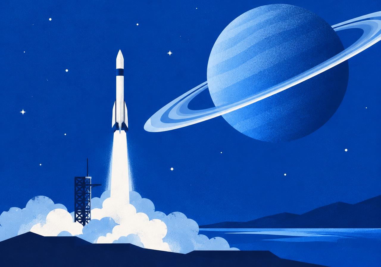 Illustration of a rocket lifting off toward a ringed planet