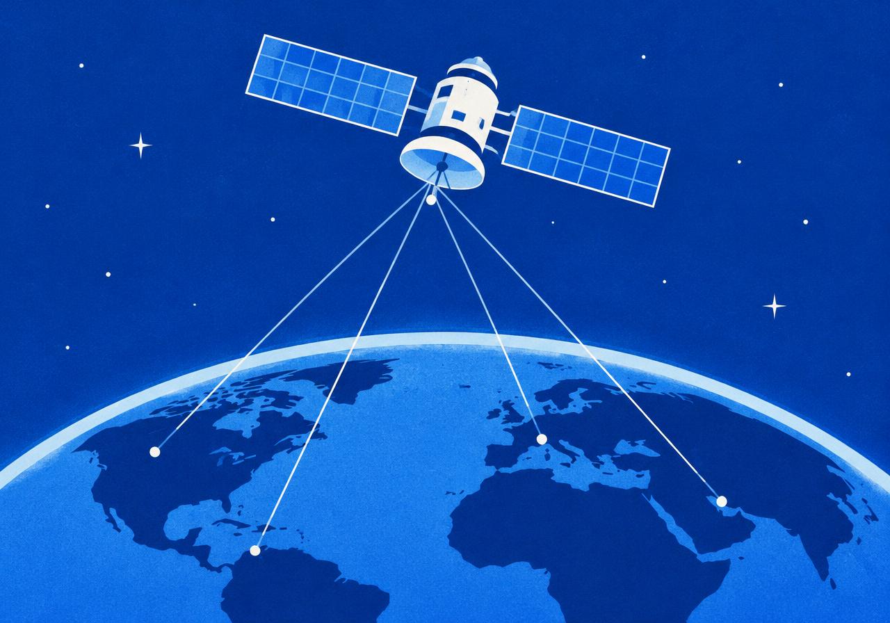 Illustration of a satellite linking points on a planet