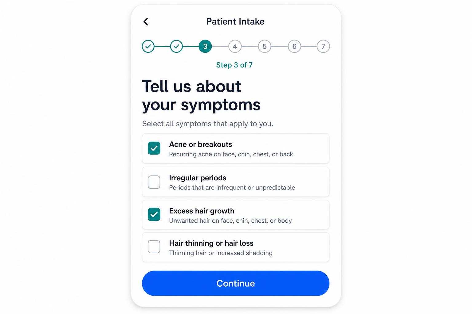 AI-driven patient intake questionnaire with adaptive symptom checkboxes
