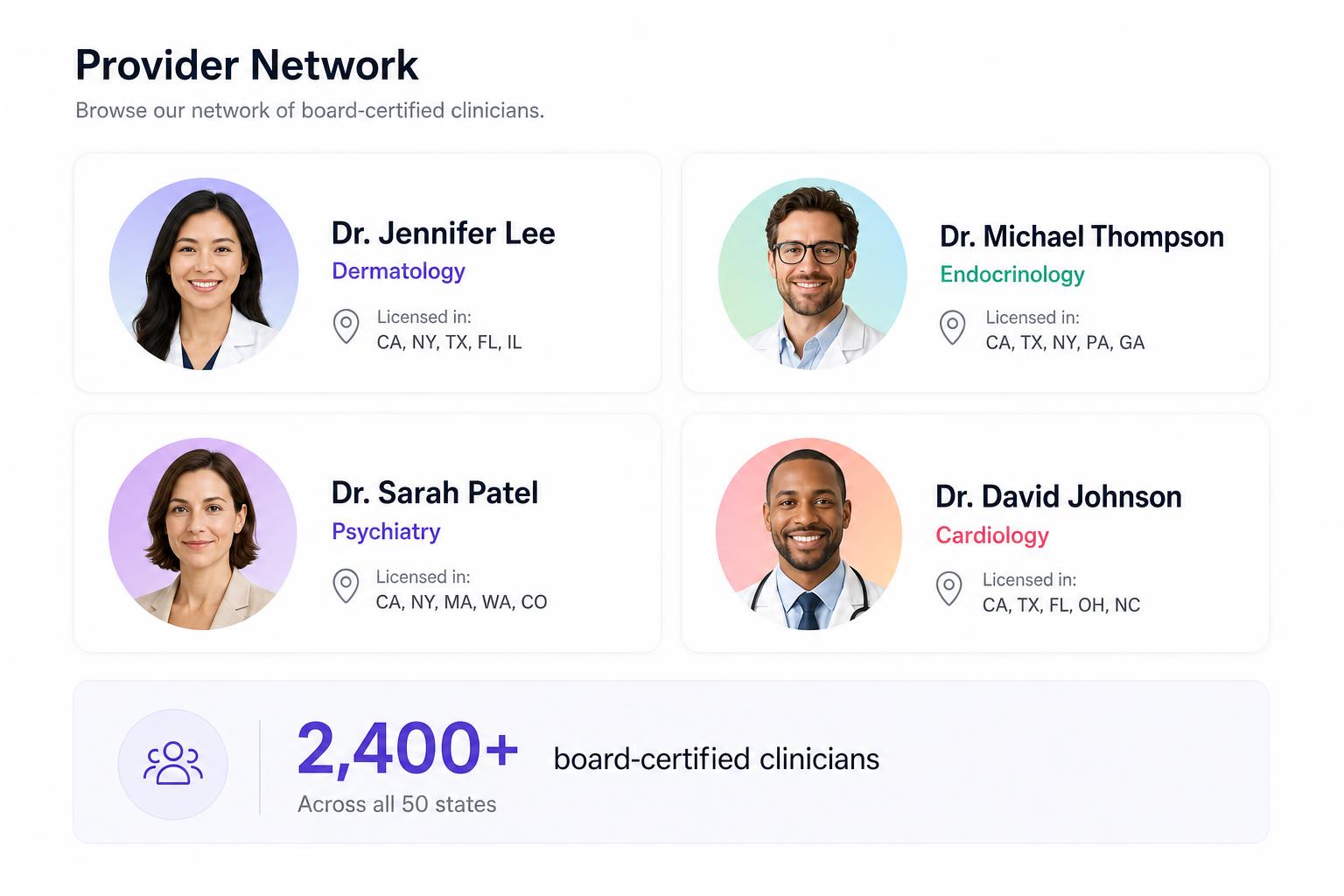 Provider network directory of board-certified clinicians across specialties