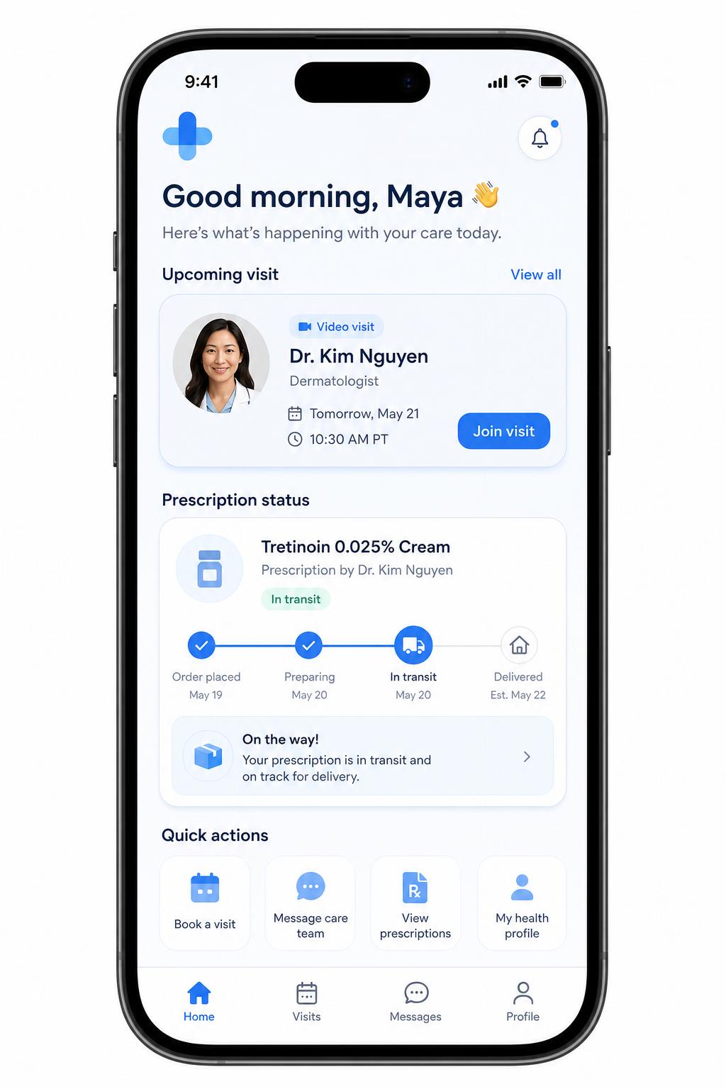 Patient-facing mobile app home screen with upcoming visit and prescription tracker