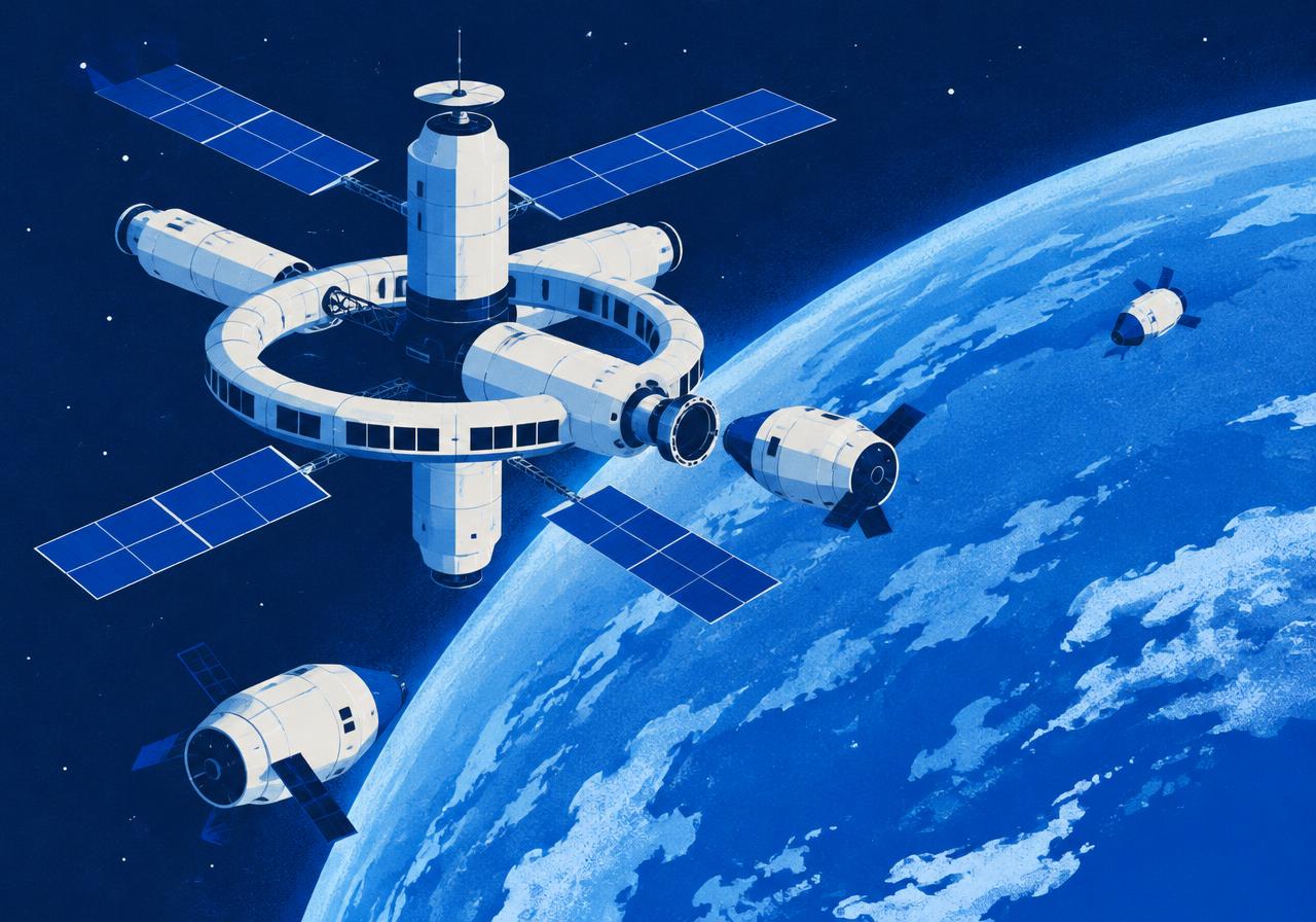 Illustration of a space station orbiting a blue planet
